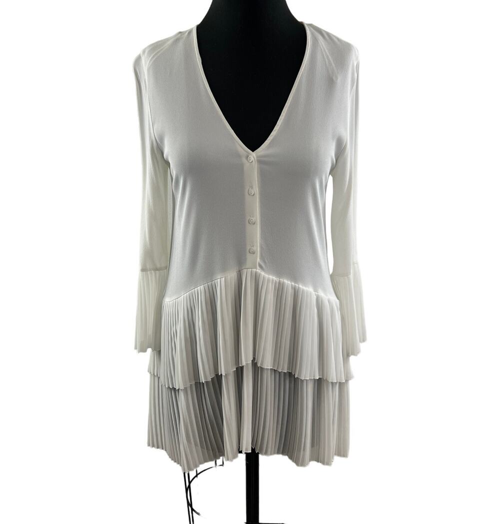 ZARA Pleated Tiered Mini Dress White Button-Down V-Neckline Size S Small